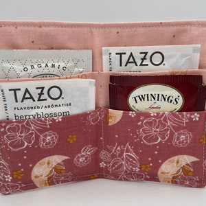 Tea Wallet, Tea Bag Holder, Tea Bag Wallet, Teabag Wallet, Teabag Holder, Tea Bag Cozy - Moon and Floral Pink