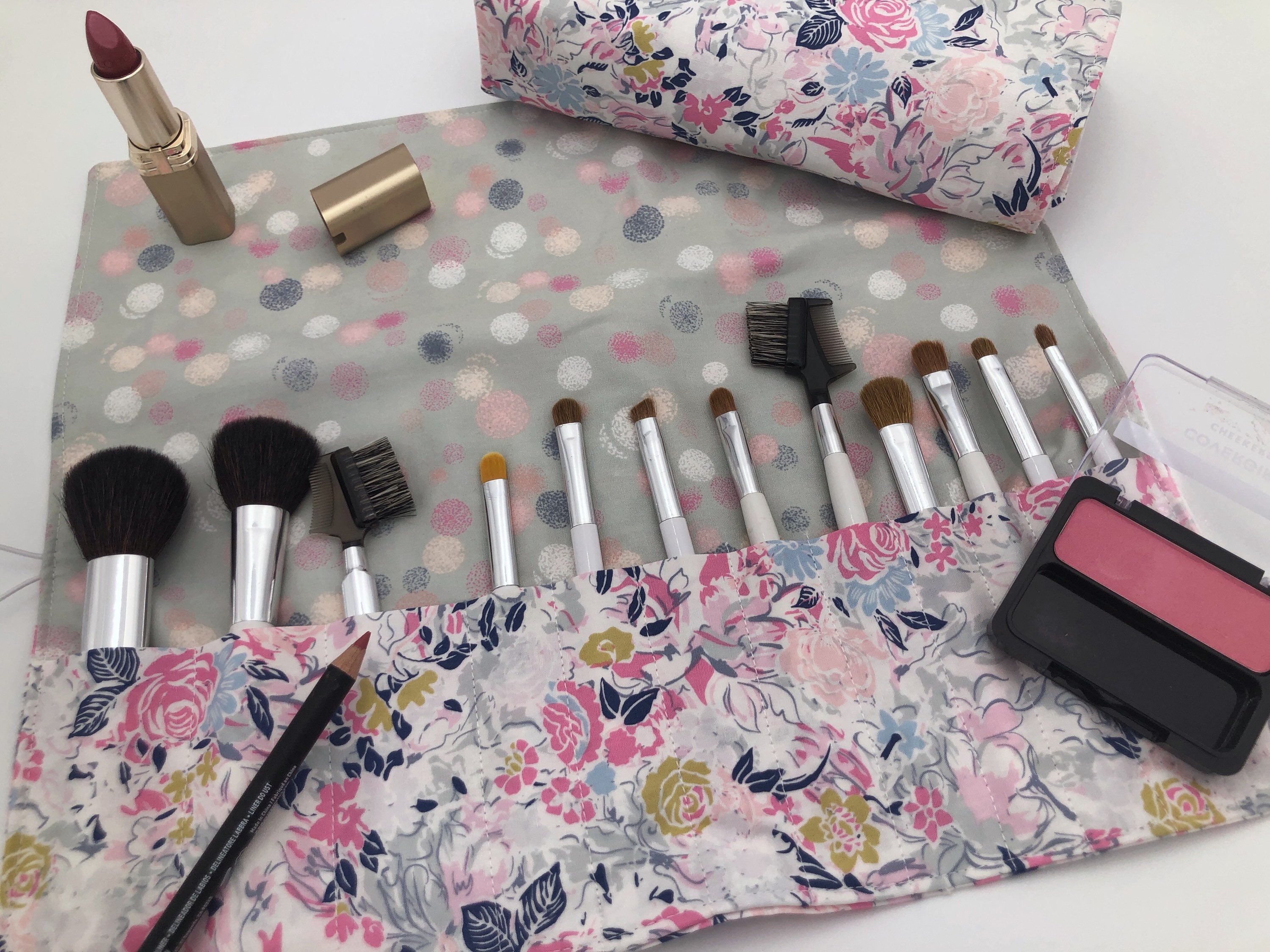 Makeup Brush Roll  Travel Organizer, Makeup Brush Case, Holder, pink cactus