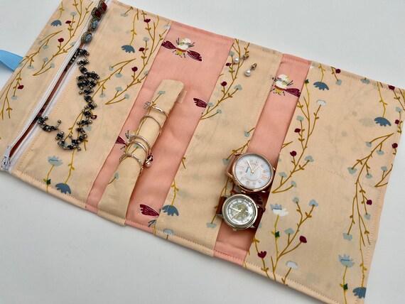 Jewelry Organizer Travel Jewelry Roll Fabric Jewelry Pouch Travel Jewelry  Case Jewelry Case Peonies Blush 