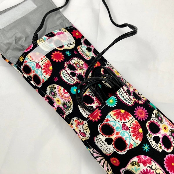 Sugar Skull Curling Iron Holder, Curling Iron Case, Black Flat Iron Holder, Travel Flat Iron Case, Curling Iron Sleeve - Sugar Skulls