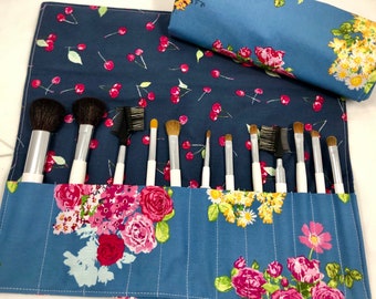 Blue Makeup Brush Roll, Travel Cosmetic Brush Holder, Knitting Needle Roll, Make Up Brush Organizer, Makeup Brush Bag - Blossoms in Marine