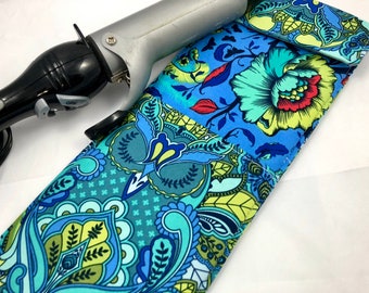 Curling Iron Holder , Curling Iron Case, Flat Iron Holder, Flat Iron Case, Travel Flat Iron Sleeve, Curling Iron Cover - Owl Peony Blue