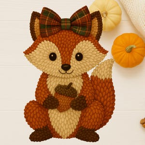 May include: A whimsical illustration of a fox with a plaid bow, holding an acorn. The fox is made of orange and cream-colored shapes. Two pumpkins, cinnamon sticks, and acorns are also present, suggesting an autumn theme.