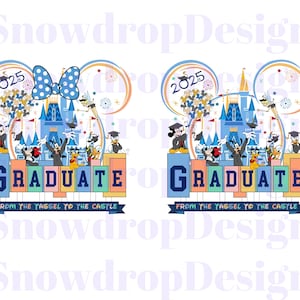 Bundle PNG pour l&#39;obtention du diplôme 2025 Disney, voyage de remise des diplômes png, famille diplômée png, diplômé pompon au château png, senior 2025 png, Mickey diplômé