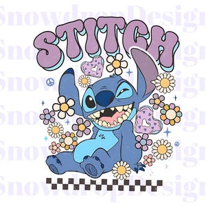 May include: A cartoon illustration of Stitch from Lilo & Stitch, winking and smiling, surrounded by flowers and heart-shaped cookies. The word "STITCH" is written above in purple bubble letters. A black and white checkered pattern is at the bottom.