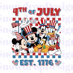7月4日のミッキーと仲間たちのPNG画像、愛国的なディズニーキャラクターのデザイン、独立記念日のデジタルダウンロード、7月4日の昇華ファイル