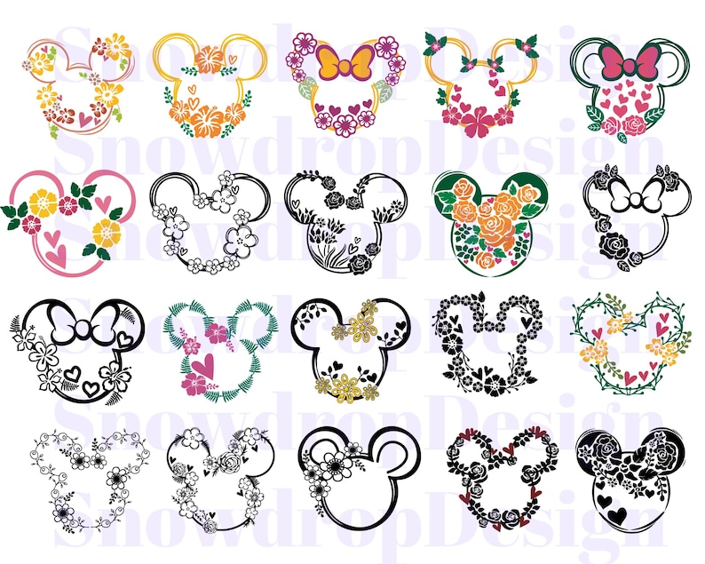 May include: A collection of Mickey Mouse head silhouettes, each adorned with floral designs. The ears and head shapes are filled with various flower arrangements, bows, and heart accents. The color palette includes yellow, orange, pink, and black.