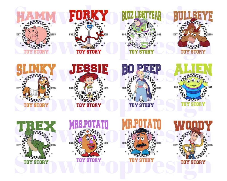 May include: A collection of twelve Toy Story character designs. Each design features a character name in a bold font, surrounded by a checkered circle, with the text "Toy Story" below. Characters include Hamm, Forky, Buzz Lightyear, and Bullseye.