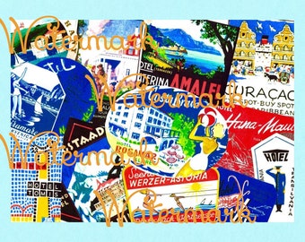 Vintage Luggage Label Collage, Red & Blue. DIY Passport Cover Image, Instant Digital Download