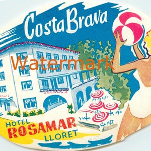 2 Vintage Costa Brava, Spain, Beach Ball Luggage Labels, One Bright (shown), and 1 Darker. Instant Download, Digital Image