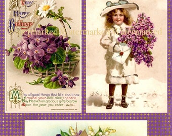 Vintage 3 Birthday & Greeting Postcards, Little Girl, Violets, Pansies, Sailboat, on Purple Background. Digital Download