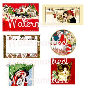 Vintage Art Deco Navidad 7 Pieza Collage Hoja, Santa, Niños, Kitty, Village, en Rojo, Verde, Beige & Negro. Descarga digital instantánea.