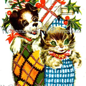 Vintage 50&#39;s Christmas, Puppy & Kitten in Stocking. Digital Download