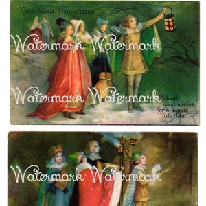 Vintage Old World Christmas Medieval Carolers , 2 Postcard Images for Tags, Cards, & Projects. Instant Digital Download
