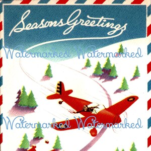 Vintage 30's Art Deco invierno o Navidad, saludos de temporada, avión y paisaje de nieve .. Descarga digital