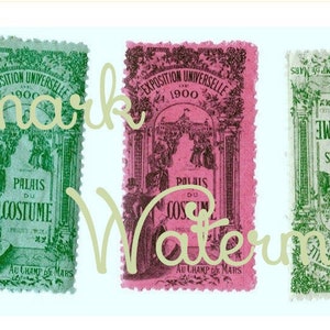 4 Vintage antike französische Pariser Kostüm Expo., übergroße Plakat-Briefmarken Bilder, sofortiger digitaler Download