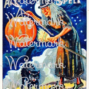 Vintage Halloween, Lucky Witch at Night met JOL & Black Cat, Instant Digital Download.