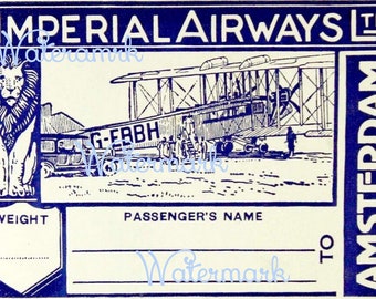 Vintage Imperial Airways, Amsterdam, Luggage Label, Instant Digital Download
