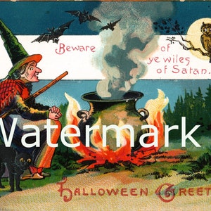 Vintage Halloween Witch Campfire Cauldron, Black Cat, Owl, and Bats Digital Download