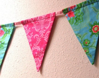 SALE Pink & Aqua Damask, Party Banner, Bunting, Party Flags, Handmade, 6 Ft.