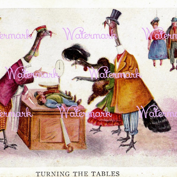 Vintage Rare Old Victorian Thanksgiving Humor, for Vegetarians? Turkeys Selling People for Dinner Image. Instant Digital Download.