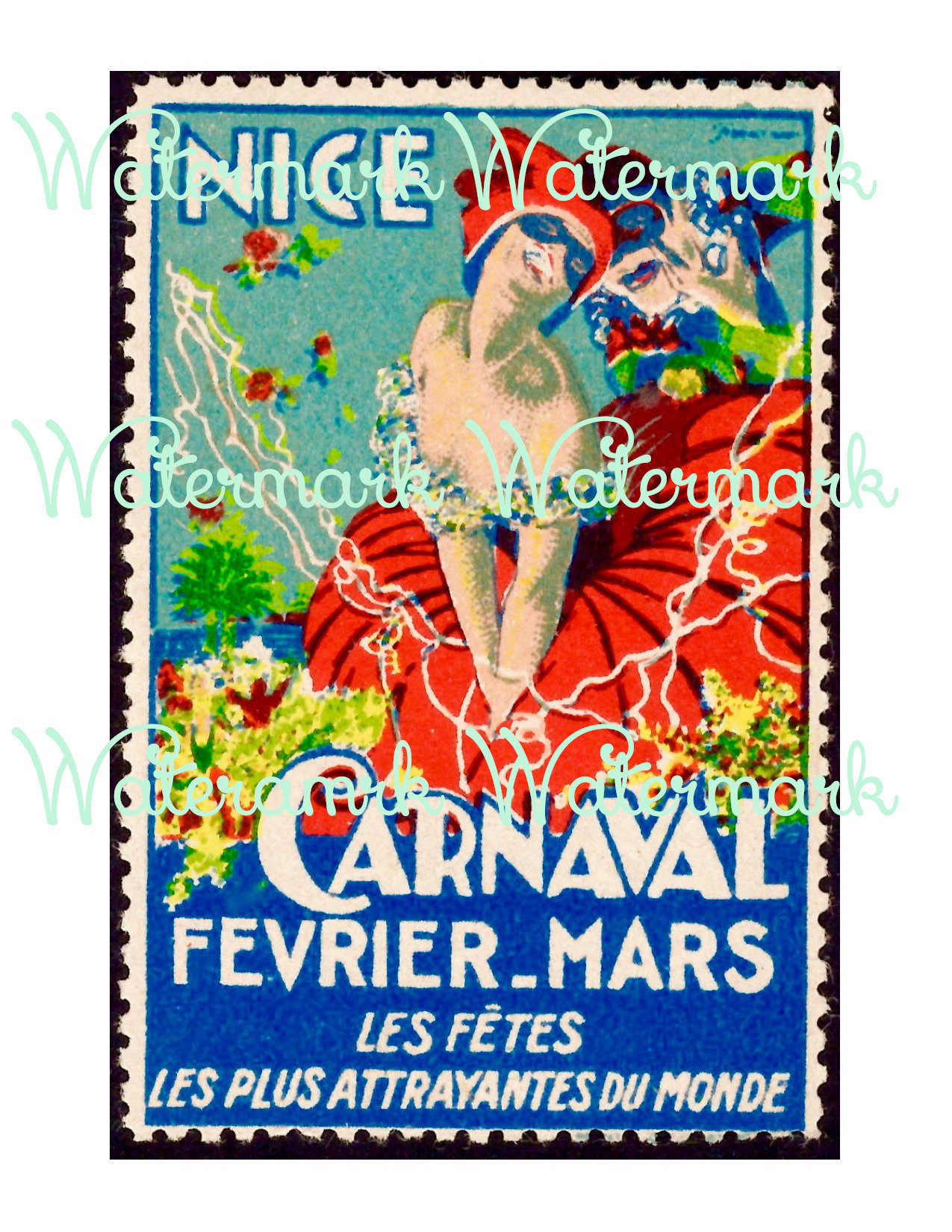 Vintage Art Deco French Carnaval, From Nice, Poster Stamp Image, Instant  Digital Download 