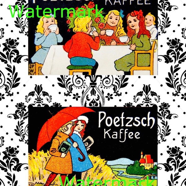 2 Vintage Art Deco Kids Playing, Coffee Kaffee Ad, on Black & White Damask Background Instant Digital Download. Plus FREE Gift