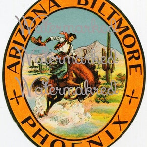 Vintage Bronco Cowboy Luggage Label Biltmore Hotel, Phoenix, AZ, Digital Image