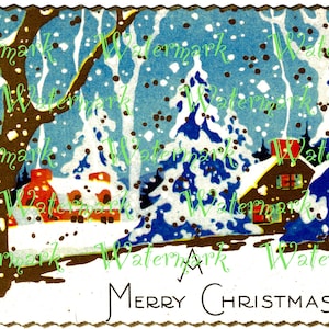 Vintage Art Deco Christmas Card, Blue Sky & Homestead You get both versions; Brighter and Lighter Versions. Instant Download