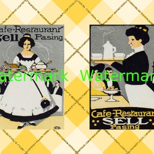 2 Vintage Art Deco Women Serving Meals & Tea on Yellow Checked Background Instant Digital Download. Plus FREE Gift