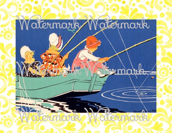 Vintage Art Deco, Kids in a Boat Fishing, Children's Illustration, Instant  Download Digital Image.