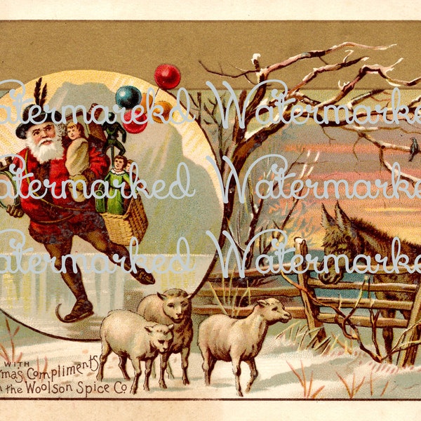 Vintage Victorian Santa Claus Ice Skating, Sheep & Donkey, with Birds. Instant Digital Download, and FREE Gift!