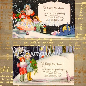 Vintage Art Deco Christmas Night Snow Scenes with Children, 2 Postcard Images for Tags, Cards, & Projects. Instant Digital Download