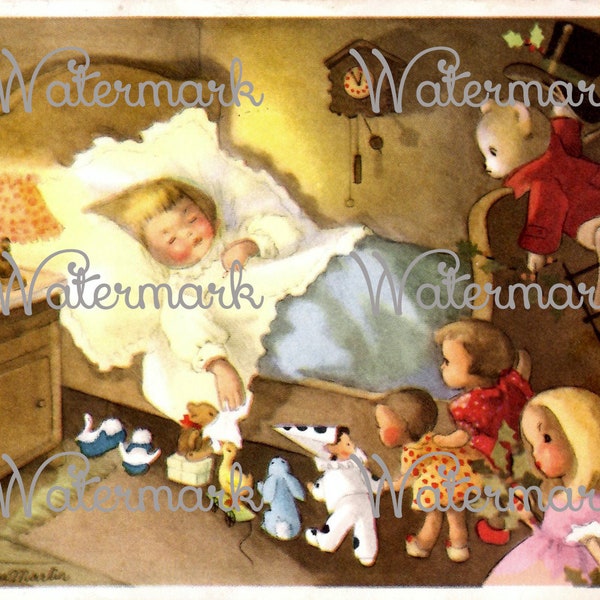 Vintage Old European Sleeping Child with Toys Watching. Instant Digital Download.