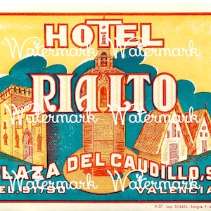 Vintage Hotel Rialto, Valencia, Spain,  Luggage Label, Instant Digital Download