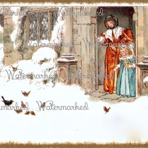 Vintage Old World  Winter Mother and Child Feeding Birds Outside. Instant Digital Download