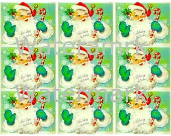 Vintage Christmas Mod Lime Green Santa Claus with Candy Cane, 9 Tags, Digital Collage Sheet, Image format  8.5 X 11 Instant Download