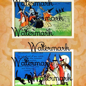 2 Vintage Art Deco Halloween Ansichtkaart Afbeeldingen, Heksen & Katten. Direct digitaal downloaden.