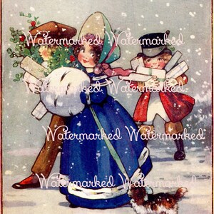 Vintage Art Deco Christmas Children&#39;s Print Little Children with Gifts & Puppy. Instant Digital Download.