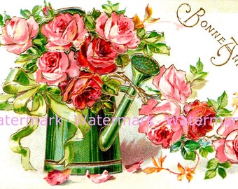 Vintage French Birthday Greeting Card, Green Watering Can & Roses. Digital Download