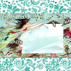 Vintage Victorian Mermaid & Sea Critters, &quot;Frame&quot; for Your Photos, on Aqua Swirl Background. Instant Digital Download