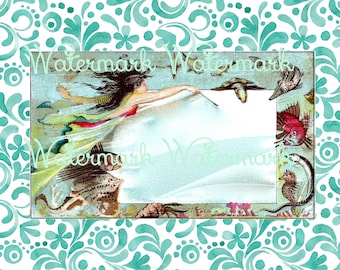 Vintage Victorian Mermaid & Sea Critters, "Frame" for Your Photos, on Aqua Swirl Background. Instant Digital Download