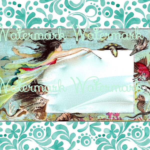 Vintage Victorian Mermaid & Sea Critters, "Frame" for Your Photos, on Aqua Swirl Background. Instant Digital Download