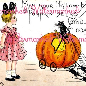 Vintage HBG Halloween Little Girl with Pumpkin Coach & Mice. Digital Download