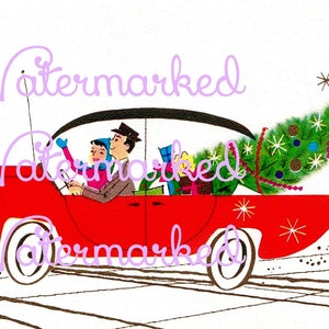 Vintage 50's Modern Couple Bringing Home the Christmas Tree in Hot Red Car. Instant Digital Download