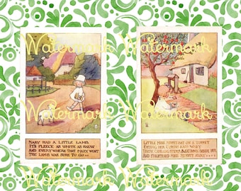 2 Vintage Children's Nursery Rhymes, Mary Had a Little Lamb & Little Miss Muffet. Instant Digital Download.