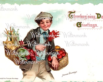 Vintage Thanksgiving, Boy with Food Baskets. Perfect for Signs, Banners, or Cards. Brundage. Instant Digital Download.