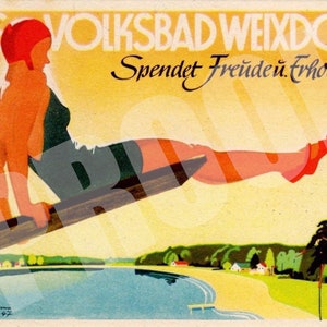 Vintage Girl on Diving Board Luggage Label, Volksbad Weixdorf, Germany, Digital Image