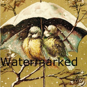 vintage Winter Birds & Umbrella, Téléchargement instantané