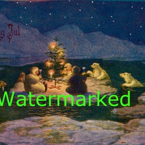 Vintage Old World German Christmas Party with Eskimos, Polar Bears & Seals, Around a Christmas Tree, Ice flow Instant Download Digital